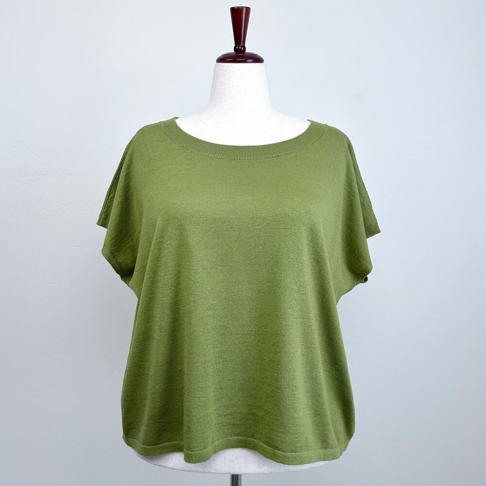 Eileen Fisher Green Organic Linen Cotton Sweater Knit Dolman Short Sleeve Top XL